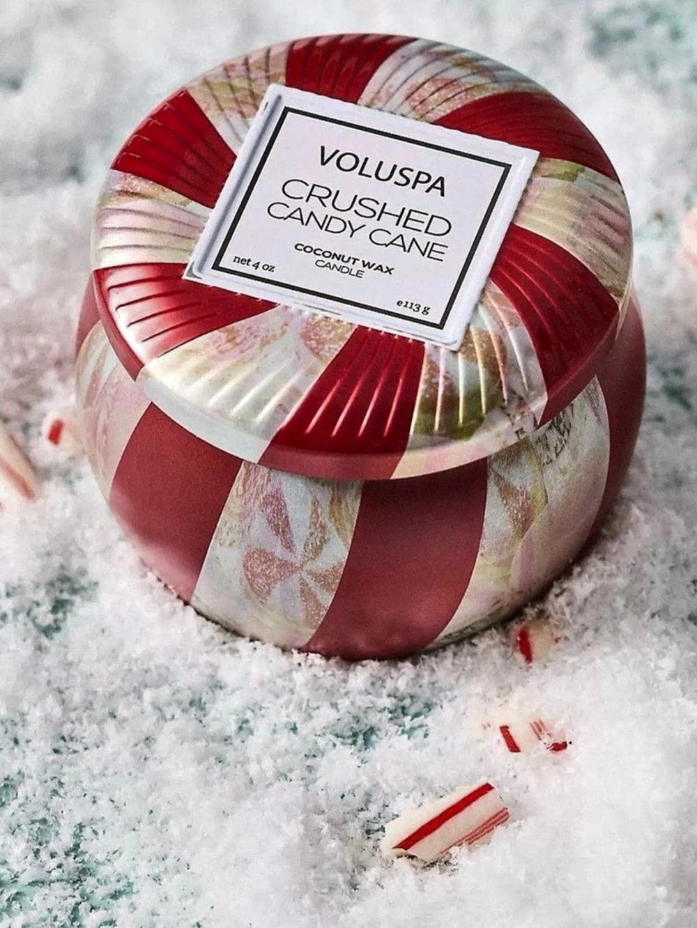 Voluspa Crushed Candy Cane Mini Tin Candle Red & White